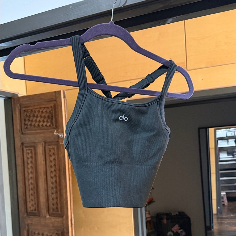 ALO Yoga seamless ribbed favorite bra tank (charcoal green)